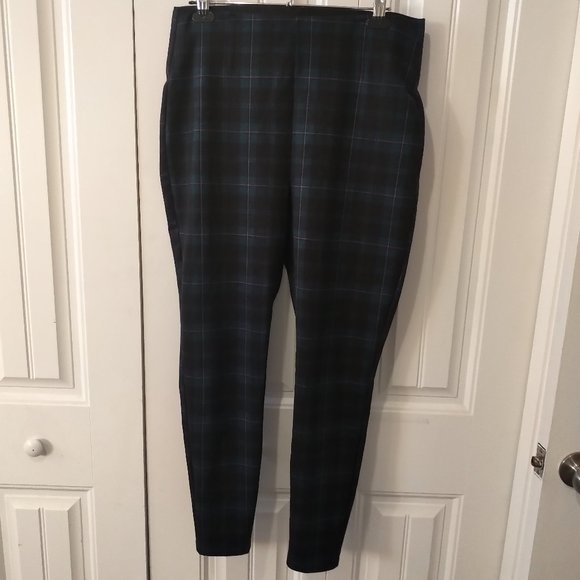 L - Maurices High Rise blue plaid striped slimming ponte legging elastic waist - Picture 1 of 5